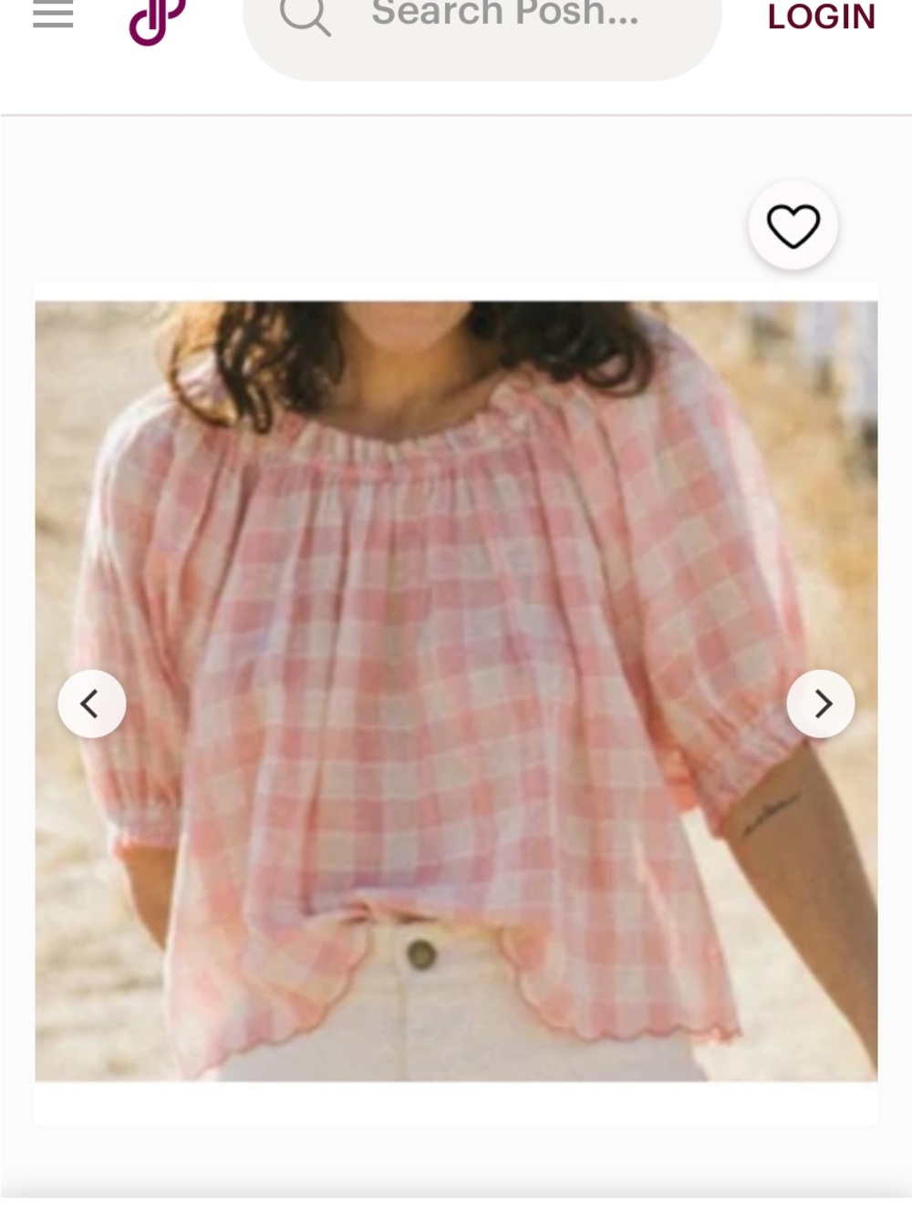 THE GREAT. Pink and White Gingham Smocked Neck Puff Sleeve Top
